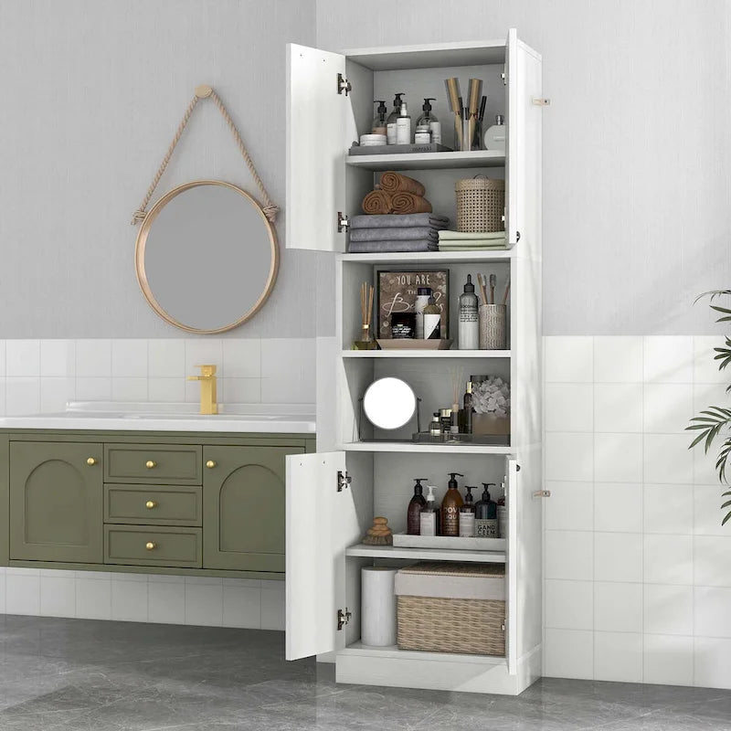 75" Tall Bathroom Storage Cabinet with 4 Doors & 2 Open Shelves