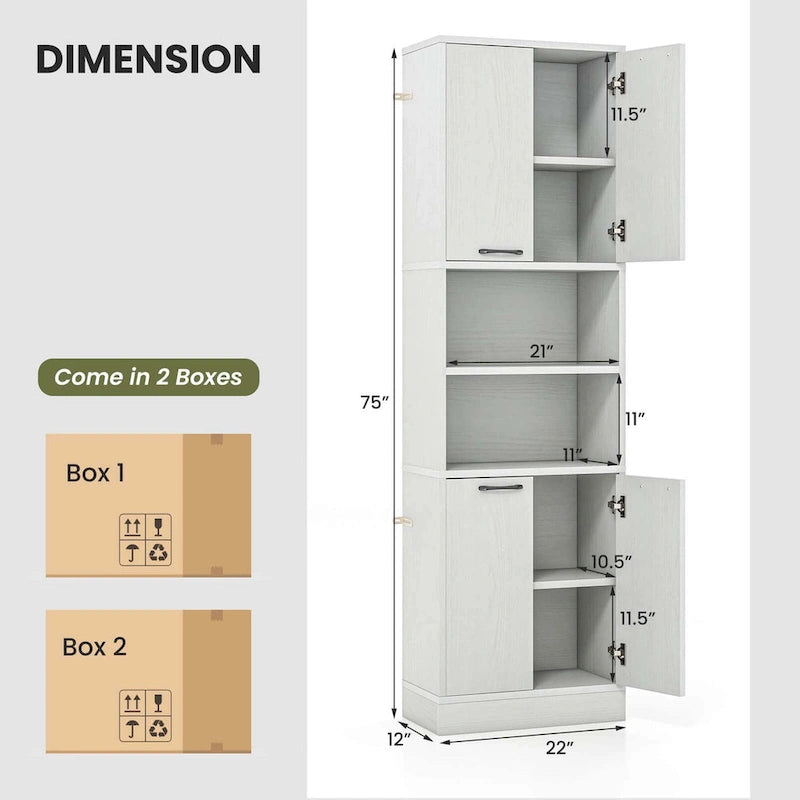 75" Tall Bathroom Storage Cabinet with 4 Doors & 2 Open Shelves