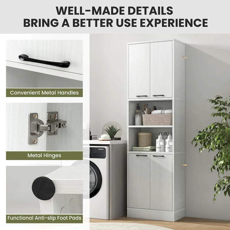 75" Tall Bathroom Storage Cabinet with 4 Doors & 2 Open Shelves