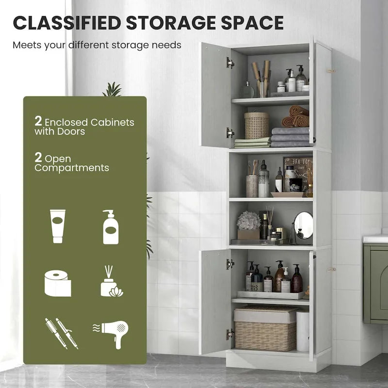 75" Tall Bathroom Storage Cabinet with 4 Doors & 2 Open Shelves
