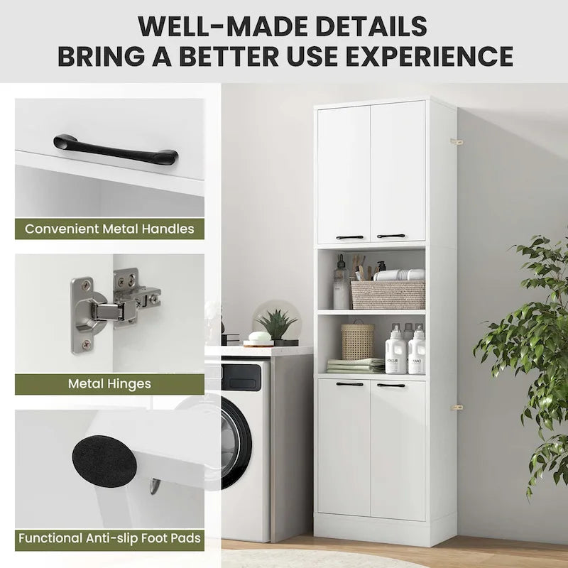 75" Tall Bathroom Storage Cabinet with 4 Doors & 2 Open Shelves