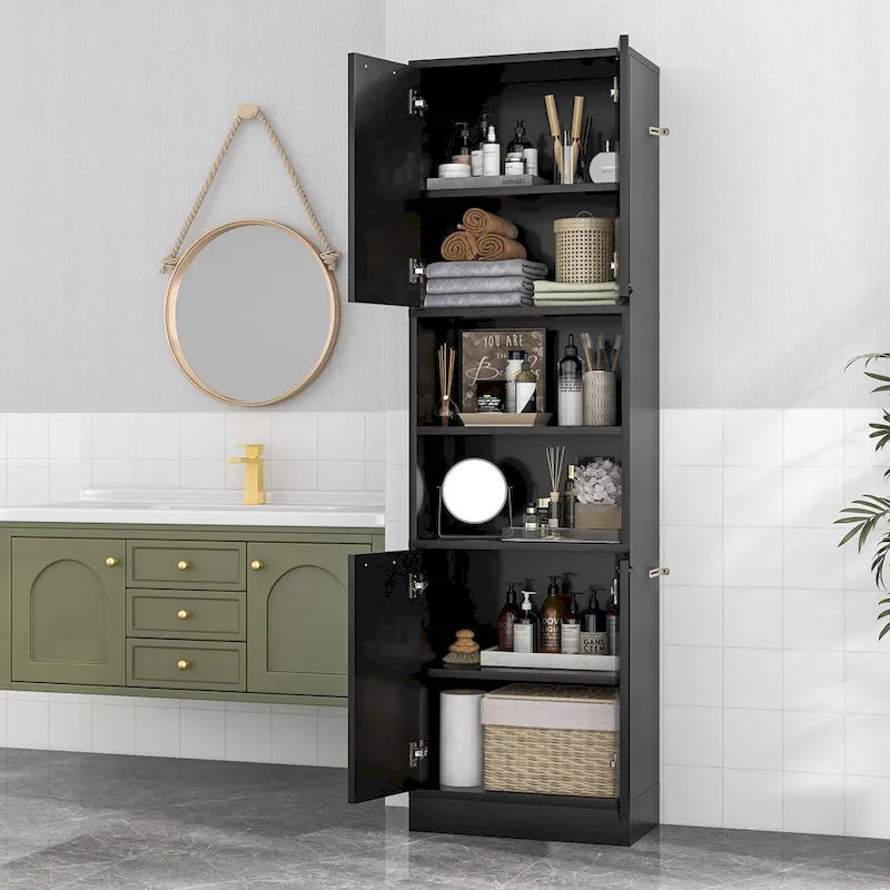 75" Tall Bathroom Storage Cabinet with 4 Doors & 2 Open Shelves