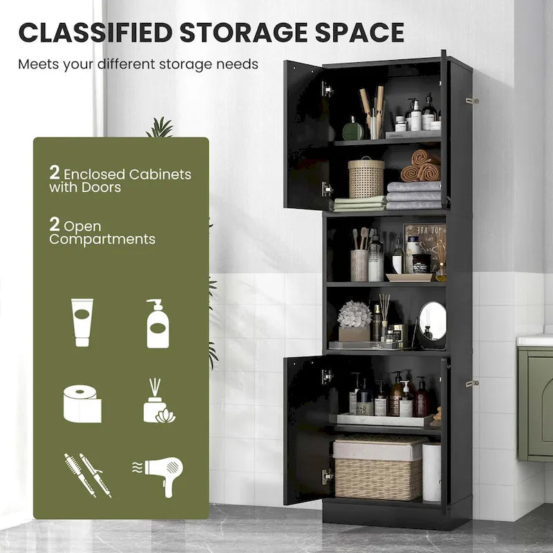 75" Tall Bathroom Storage Cabinet with 4 Doors & 2 Open Shelves