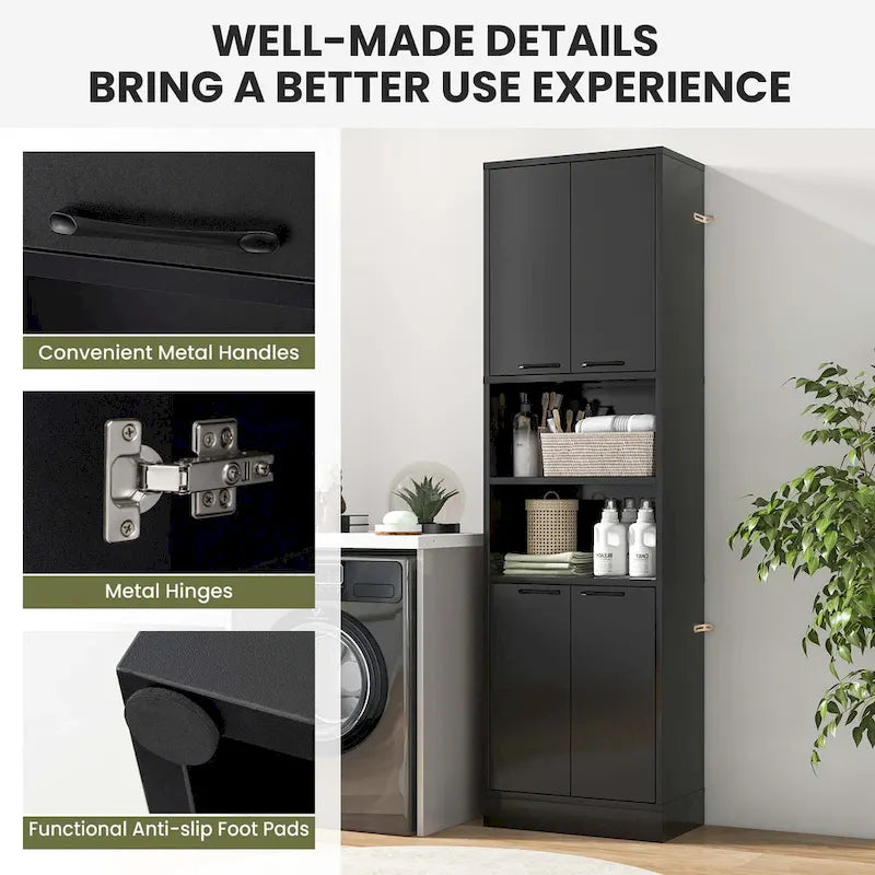 75" Tall Bathroom Storage Cabinet with 4 Doors & 2 Open Shelves