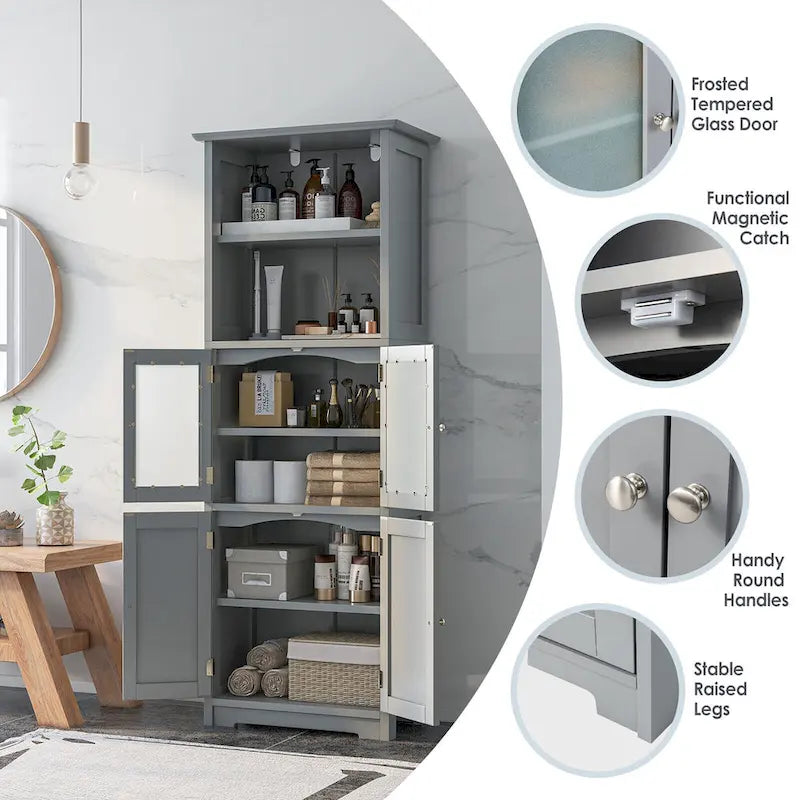 Tall Bathroom Storage Cabinet with Glass Doors
