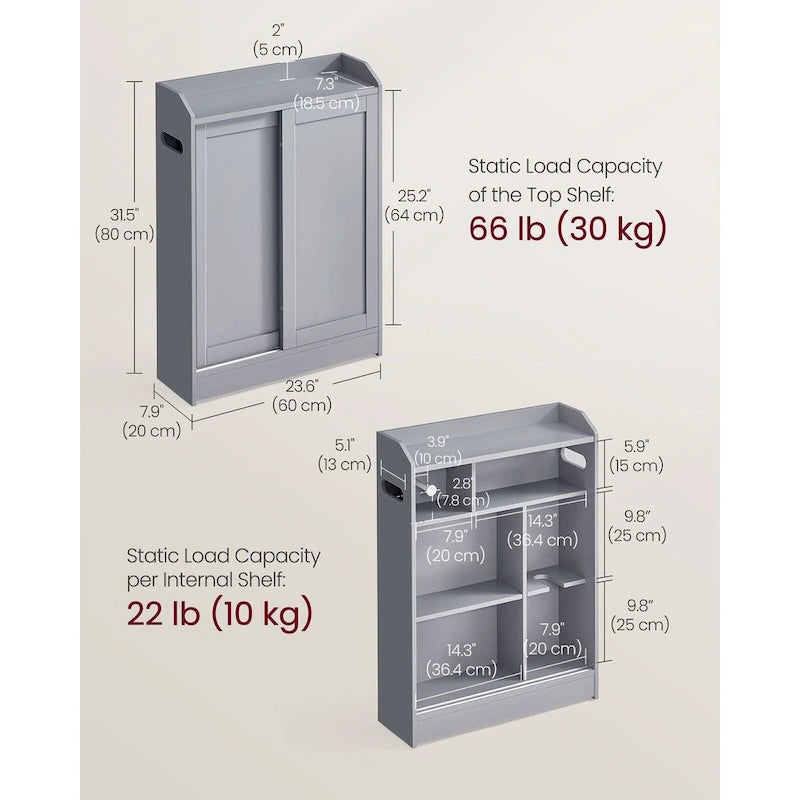 Bathroom Storage Cabinet with Sliding Doors and Adjustable Shelves - 23.6L x 7.9W x 31.5H