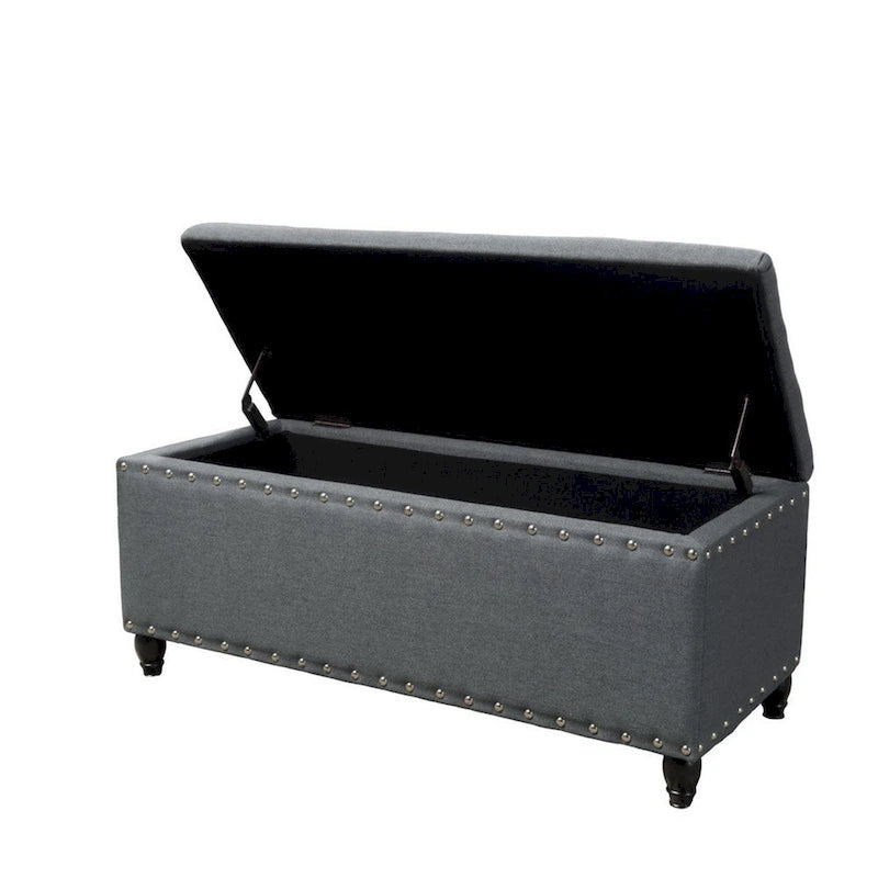 Storage Ottoman Bench with Nailhead Trim, Dark Gray Fabric, 42 Inch
