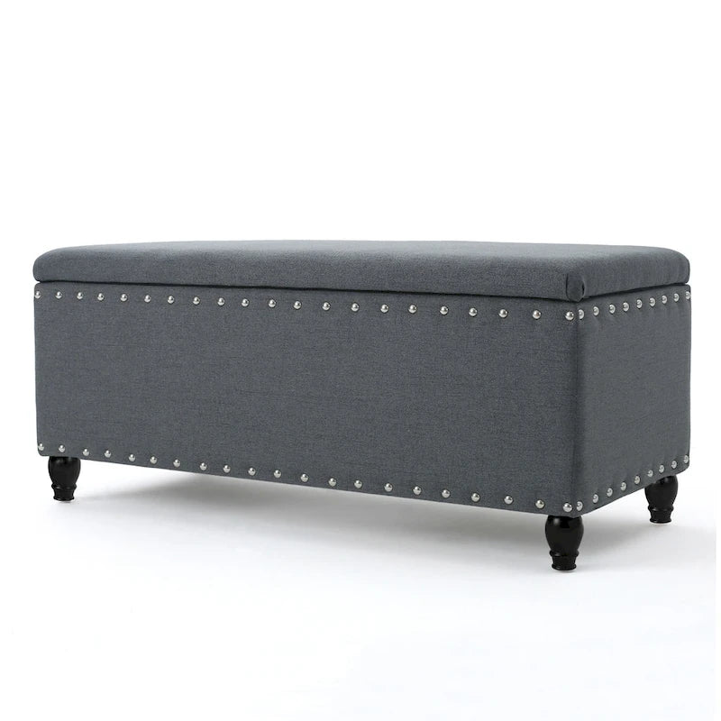 Storage Ottoman Bench with Nailhead Trim, Dark Gray Fabric, 42 Inch