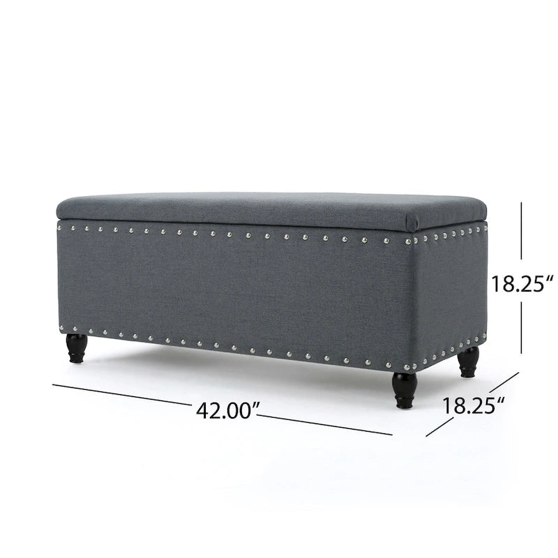 Storage Ottoman Bench with Nailhead Trim, Dark Gray Fabric, 42 Inch