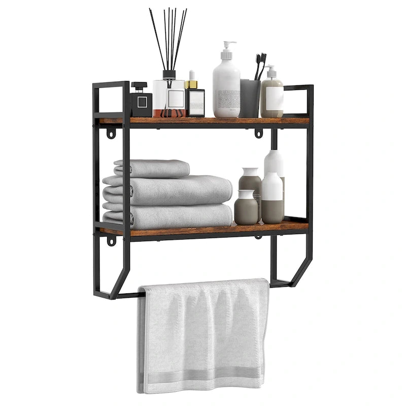 Wall Mounted Bathroom Shelf, Industrial 2-Tier Storage Rack with Towel Bar