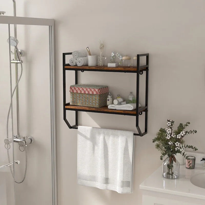 Wall Mounted Bathroom Shelf, Industrial 2-Tier Storage Rack with Towel Bar