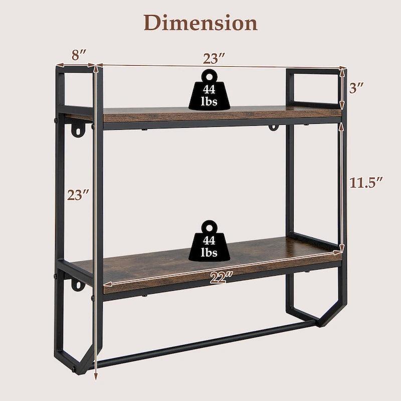 Wall Mounted Bathroom Shelf, Industrial 2-Tier Storage Rack with Towel Bar
