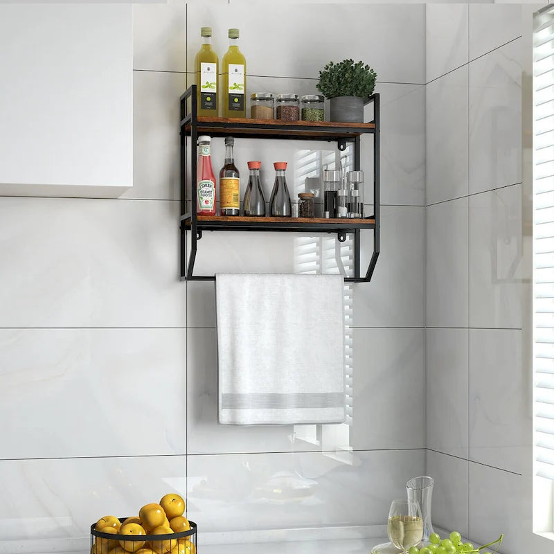 Wall Mounted Bathroom Shelf, Industrial 2-Tier Storage Rack with Towel Bar