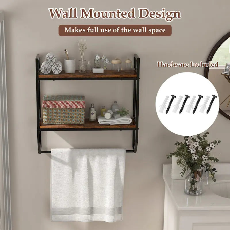 Wall Mounted Bathroom Shelf, Industrial 2-Tier Storage Rack with Towel Bar