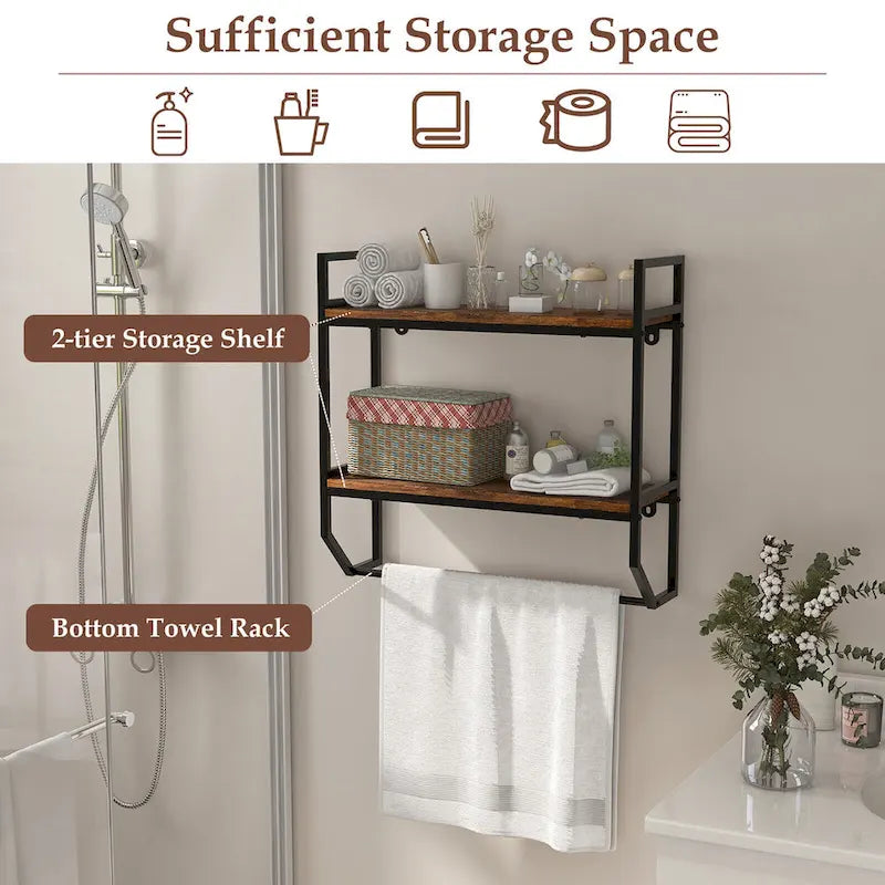 Wall Mounted Bathroom Shelf, Industrial 2-Tier Storage Rack with Towel Bar