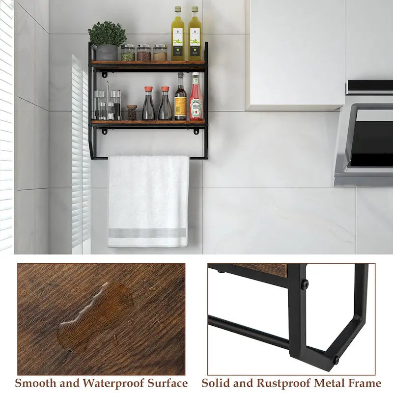 Wall Mounted Bathroom Shelf, Industrial 2-Tier Storage Rack with Towel Bar