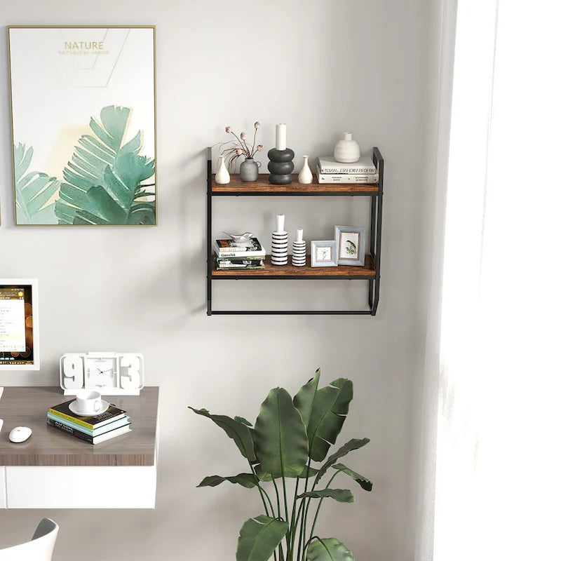 Wall Mounted Bathroom Shelf, Industrial 2-Tier Storage Rack with Towel Bar