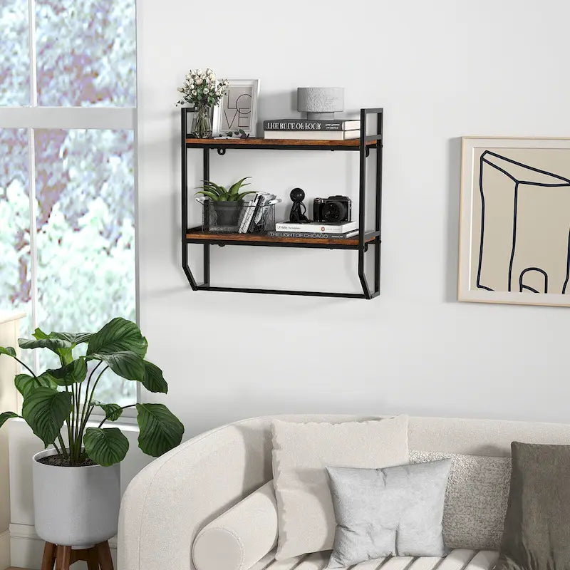 Wall Mounted Bathroom Shelf, Industrial 2-Tier Storage Rack with Towel Bar