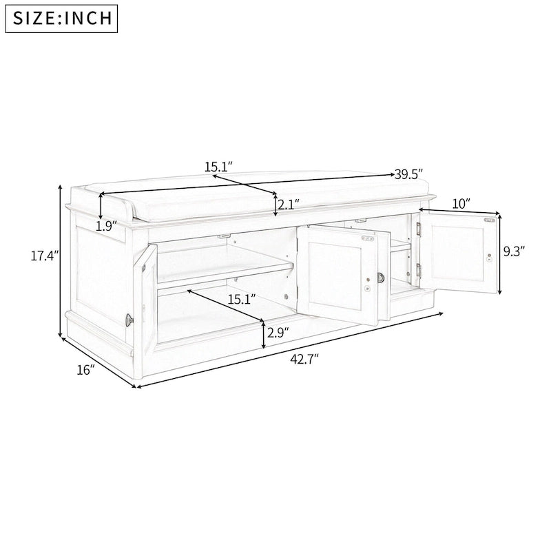 Storage Bench with 4 Doors and Adjustable Shelves