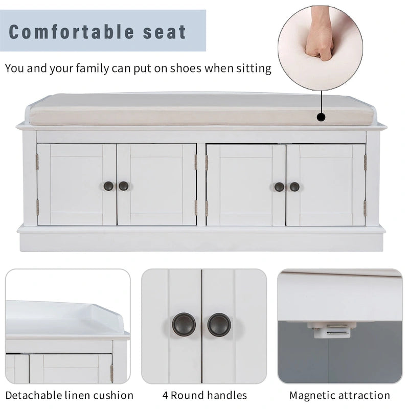 Storage Bench with 4 Doors and Adjustable Shelves