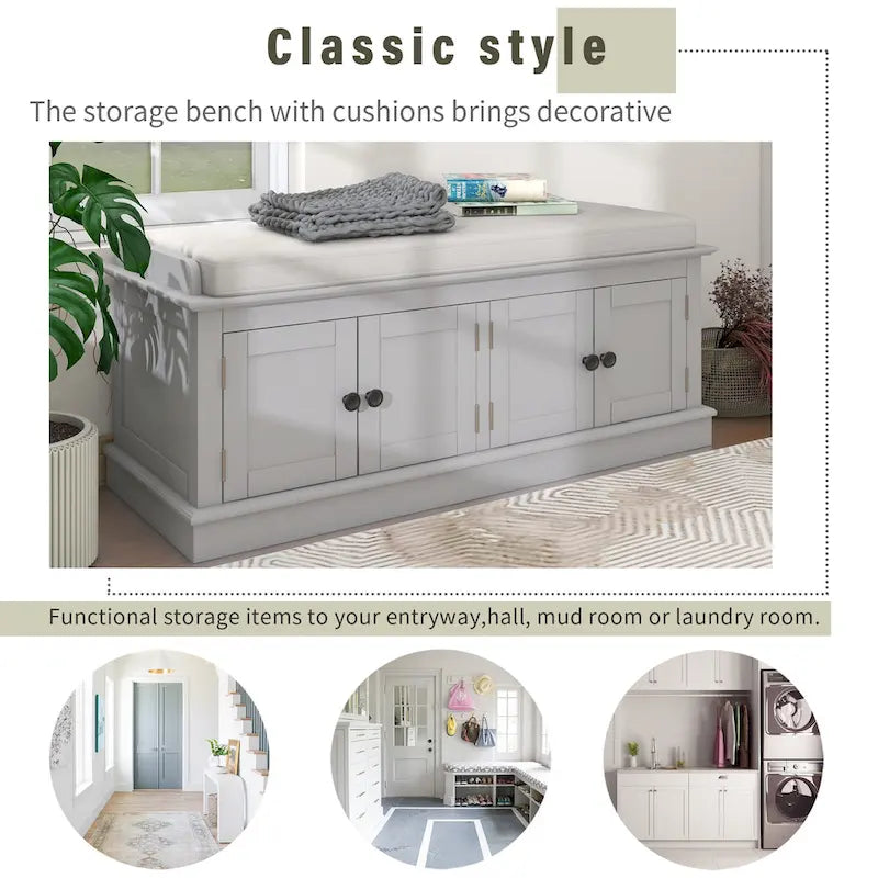 Storage Bench with 4 Doors and Adjustable Shelves