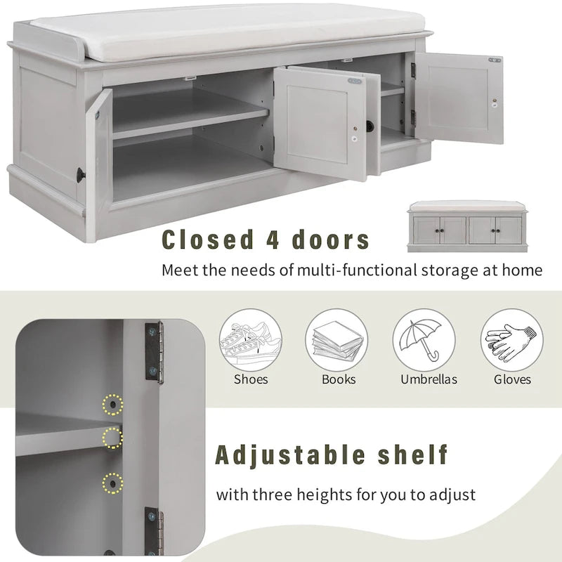 Storage Bench with 4 Doors and Adjustable Shelves