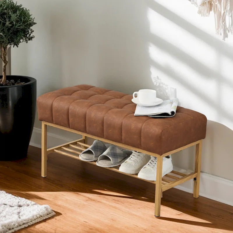 Upholstered Storage Bench with Shoe Shelf