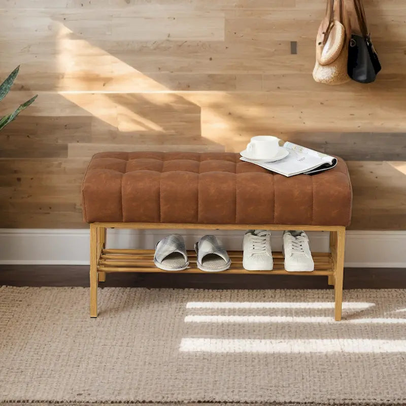 Upholstered Storage Bench with Shoe Shelf