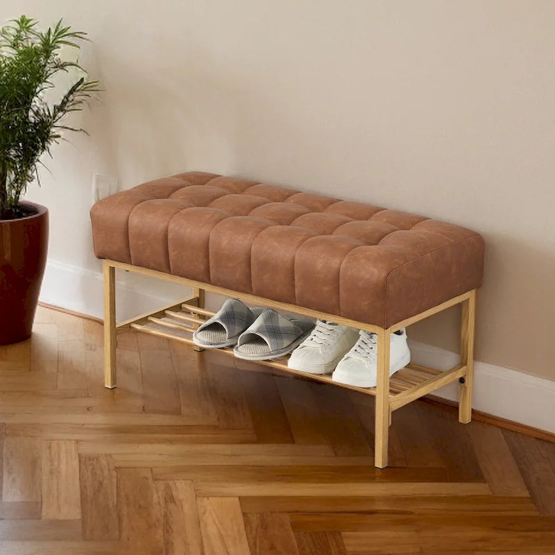 Upholstered Storage Bench with Shoe Shelf