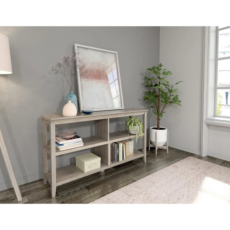 Wide Low Bookcase with 2 Open Shelves, Washed Grey