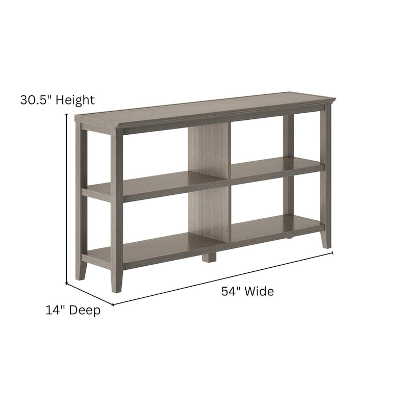Wide Low Bookcase with 2 Open Shelves, Washed Grey