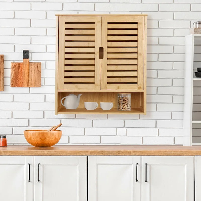 Bamboo Bathroom Wall Cabinet with Adjustable Shelf and Double Door