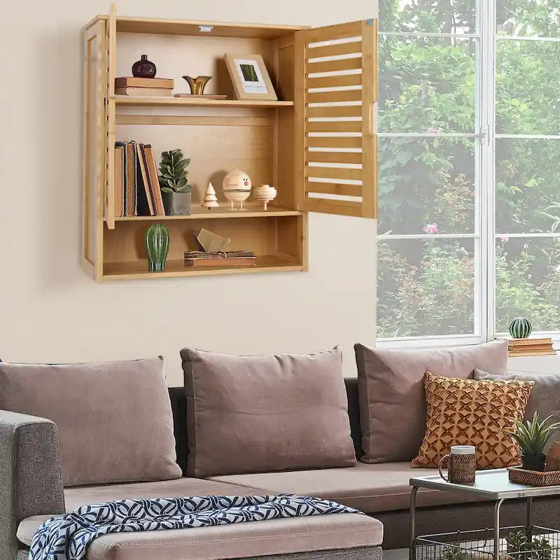 Bamboo Bathroom Wall Cabinet with Adjustable Shelf and Double Door