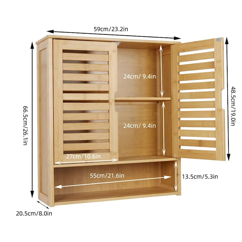 Bamboo Bathroom Wall Cabinet with Adjustable Shelf and Double Door