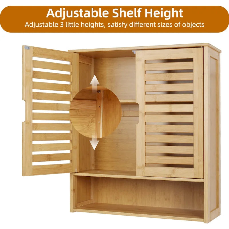 Bamboo Bathroom Wall Cabinet with Adjustable Shelf and Double Door