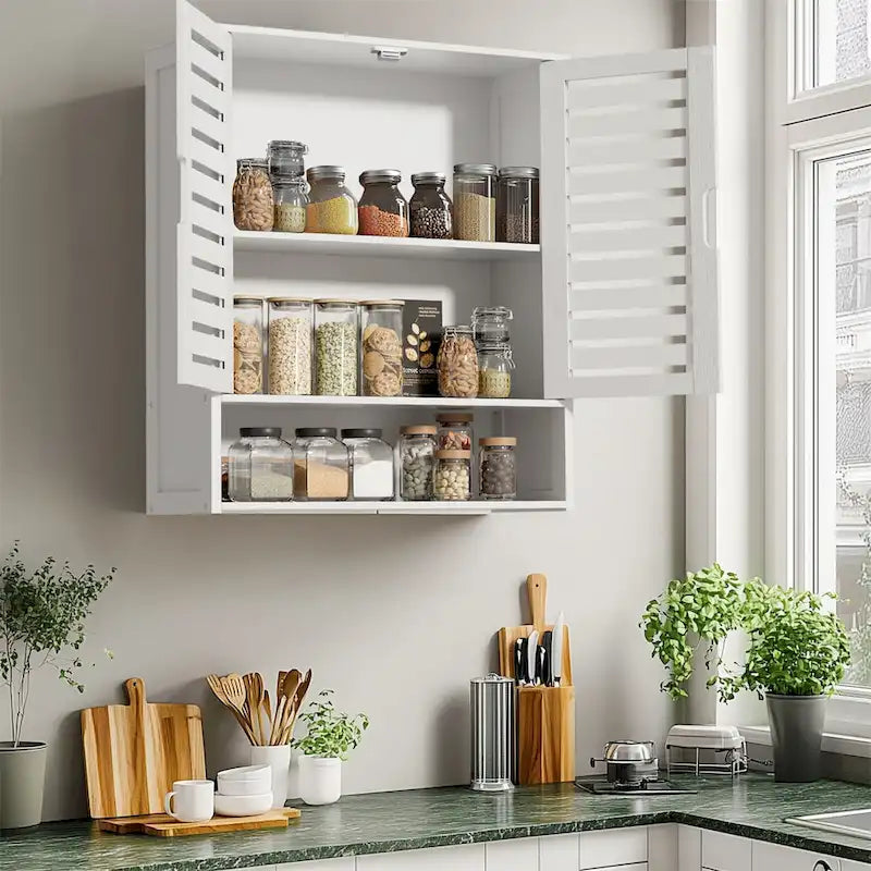Bamboo Bathroom Wall Cabinet with Adjustable Shelf and Double Door