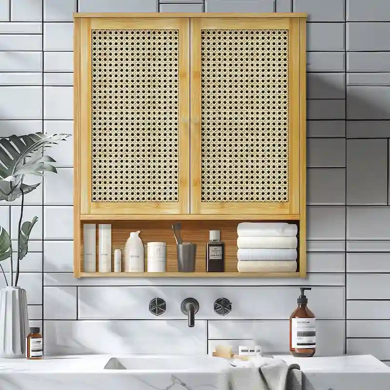 Bamboo Bathroom Wall Cabinet with Adjustable Shelf and Double Door