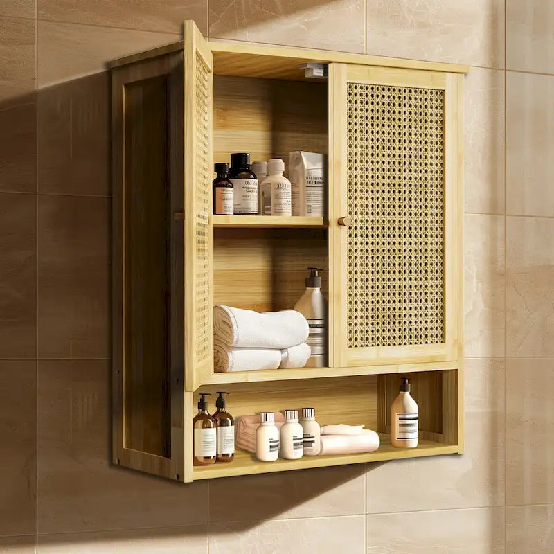 Bamboo Bathroom Wall Cabinet with Adjustable Shelf and Double Door