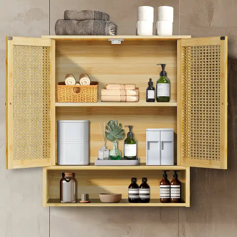 Bamboo Bathroom Wall Cabinet with Adjustable Shelf and Double Door