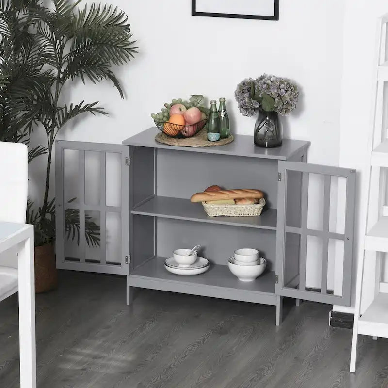 Storage Sideboard Buffet Cabinet with 2 Transparent Doors, Grey