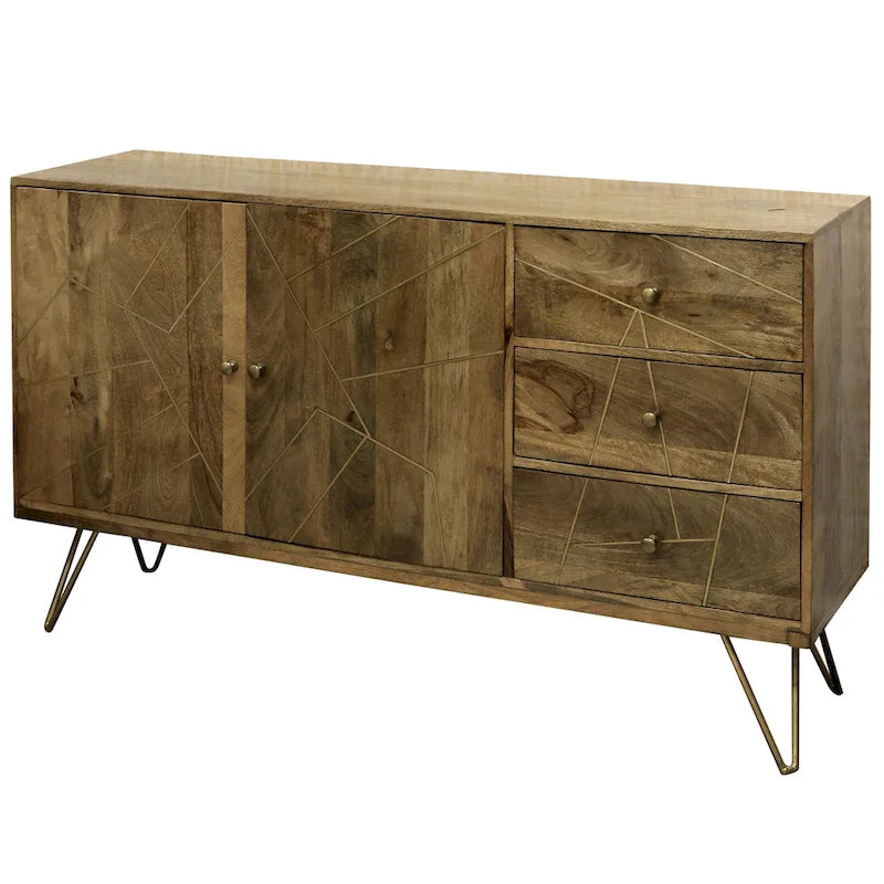 Two Door Three Drawer Credenza with Geometric Inlay and Hairpin Legs