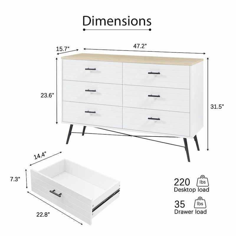 6-Drawer Chest of Drawers with Metal Legs, 47.2 inch Wide