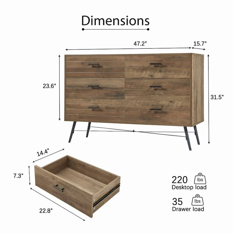 6-Drawer Chest of Drawers with Metal Legs, 47.2 inch Wide