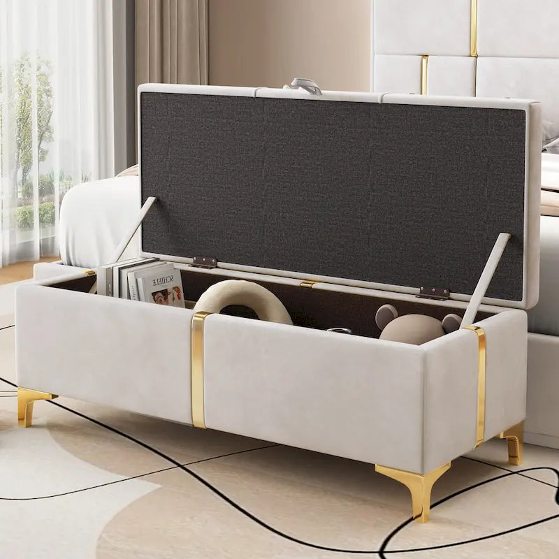 Upholstered Storage Ottoman Bench with Metal Legs