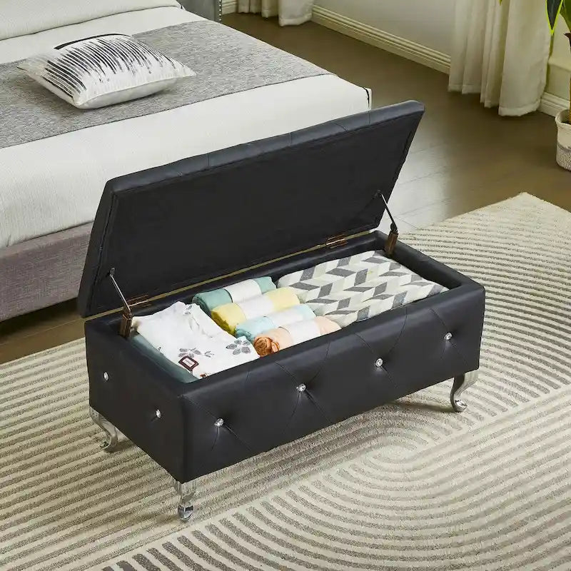 Upholstered Storage Ottoman Bench with Crystal Button Detail