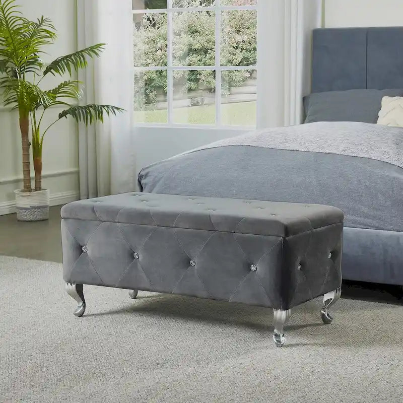 Upholstered Storage Ottoman Bench with Crystal Button Detail