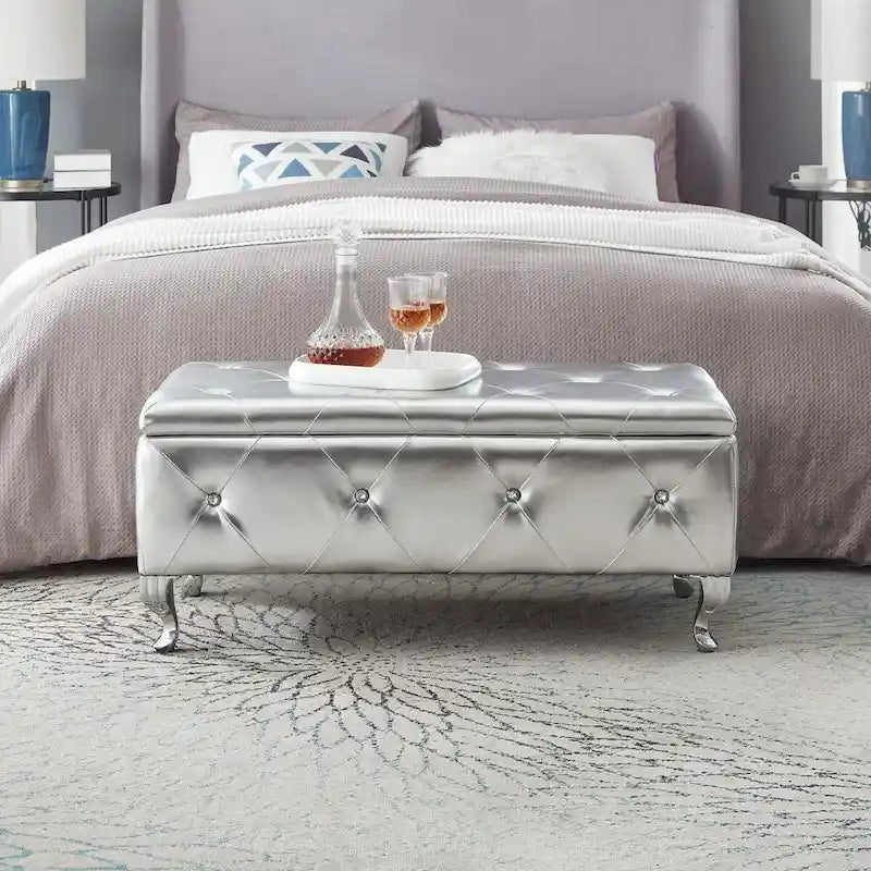 Upholstered Storage Ottoman Bench For Bedroom End Of Bed Storage Benches Footrest With Crystal Buttons For Living Room Entryway