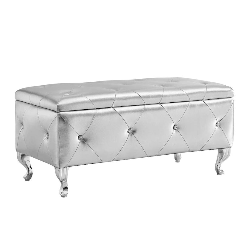 Upholstered Storage Ottoman Bench with Crystal Button Detail