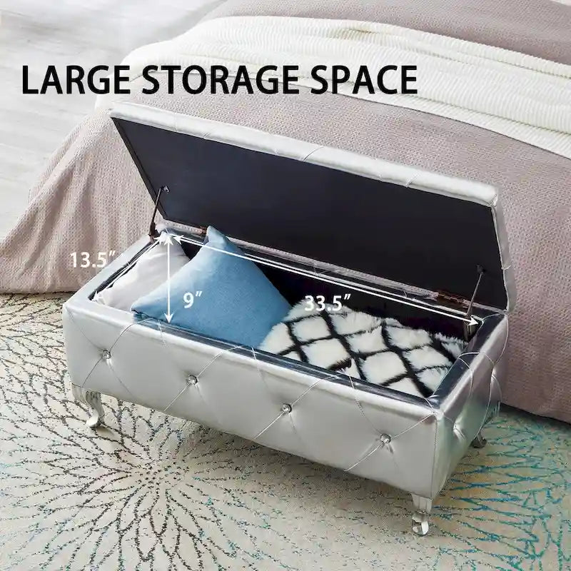 Upholstered Storage Ottoman Bench with Crystal Button Detail
