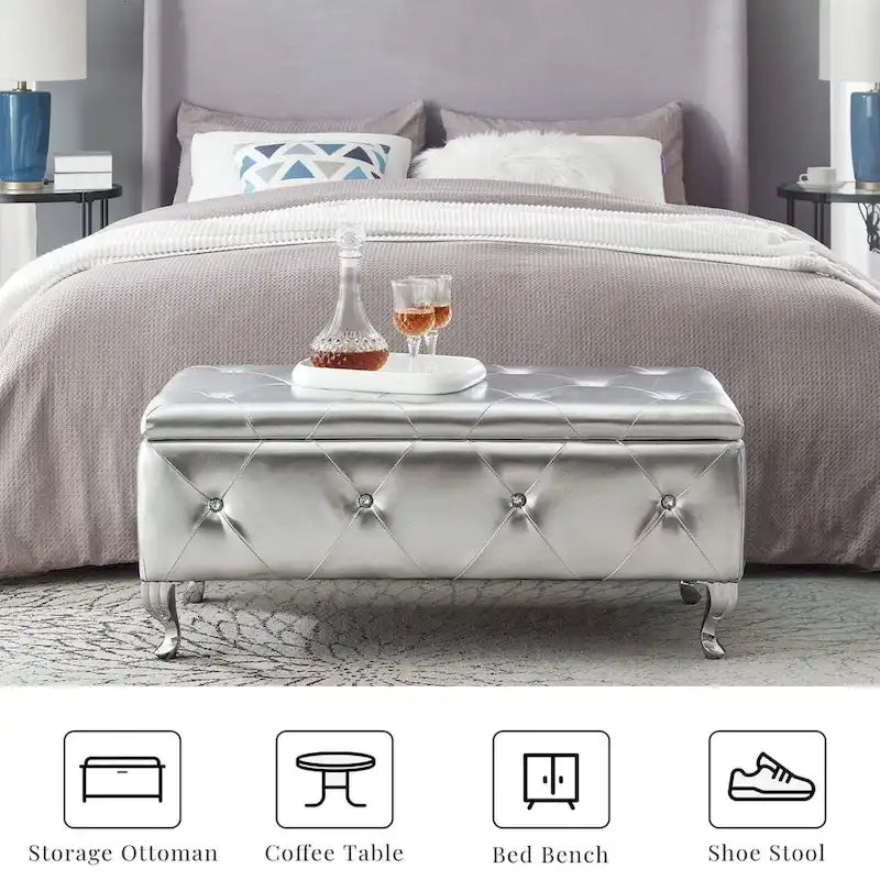 Upholstered Storage Ottoman Bench with Crystal Button Detail